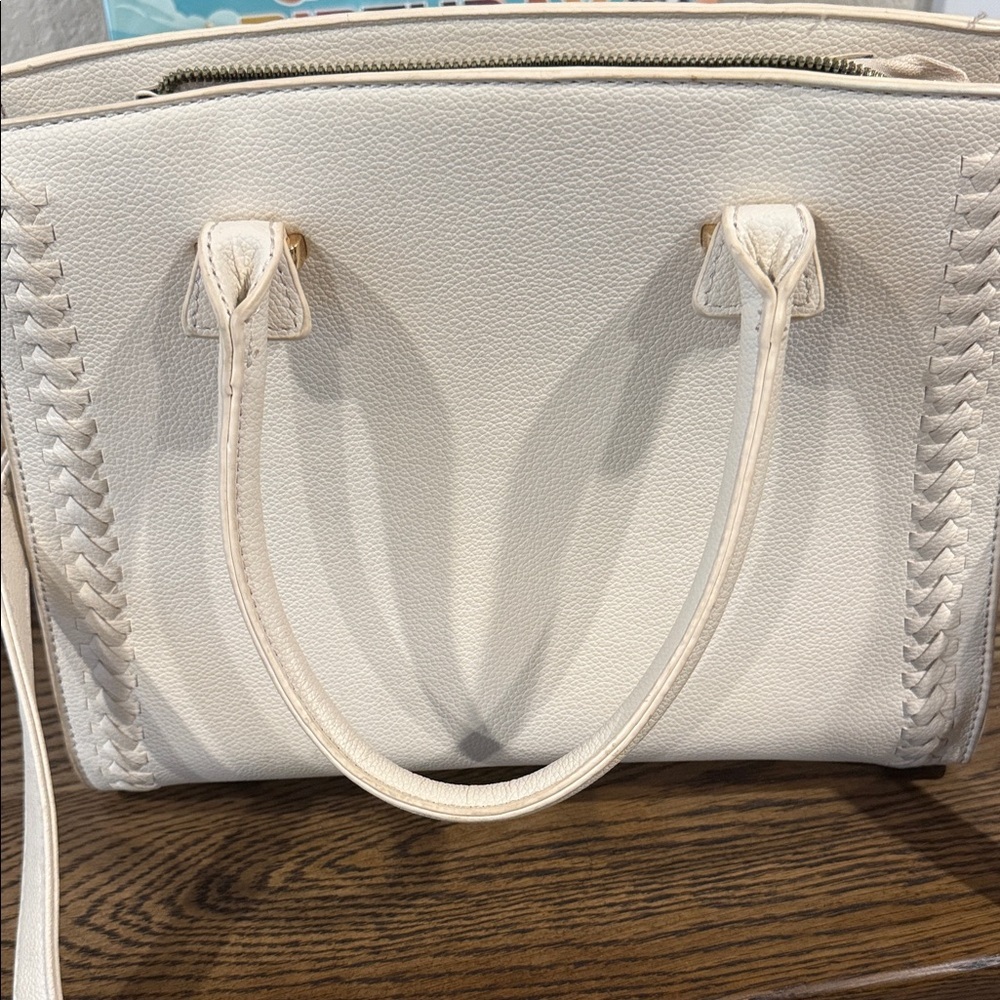 Women's Structured Cream Satchel Tote with Braided Side Detail